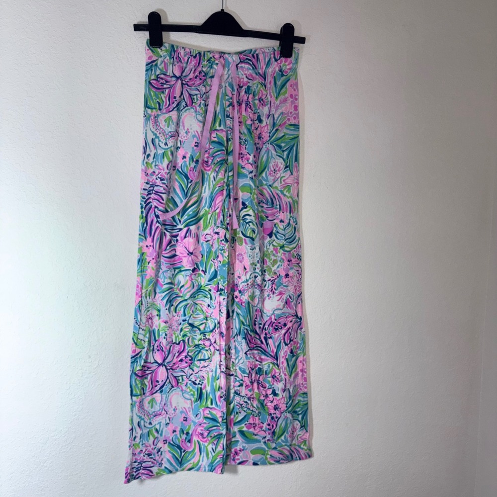 Lilly Pulitzer Pajama Pants XS Pink Blue Floral Excellent Wide Leg Lounge